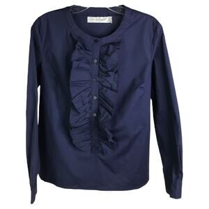 Vera Fishbaugh Blouse Womens Size M Navy Blue Stretch Ruffle Button-Up Classic‎